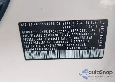 2012 Volkswagen Jetta 2.5L Se из США, поврежденный, VIN 3VWDP7AJ0CM343032